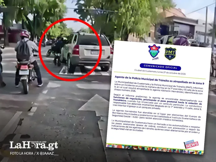 PMT es atropellada y la Municipalidad emite comunicado Agente de la PMT es atropellada en zona 9 por un vehículo sobre el paso de cebra. Foto La Hora: RRSS y Municipalidad de Guatemala