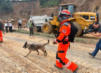 Bomberos Voluntarios en la búsqueda de una persona desaparecida por derrumbe. Foto La Hora: Cuerpo de Bomberos Voluntarios