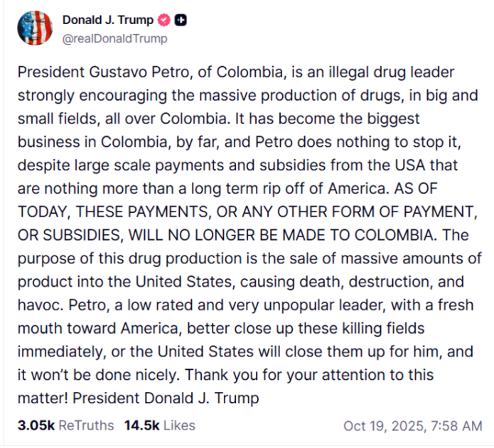 Captura de pantalla red social Truth, de Donald Trump.