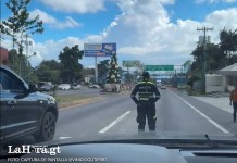 Agente de Emixtra que detuvo el tránsito sobre la Carretera Interamericana. Foto La Hora: viniciogutierr3