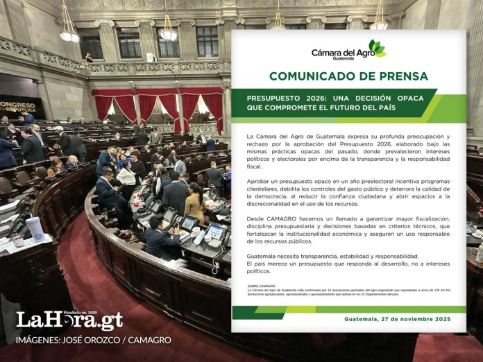 Comunicado de Cámara de Agro (CAMAGRO) sobre presupuesto 2026. Arte La Hora: Alejandro Ramírez.
