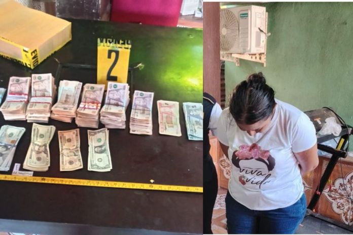 En el allanamiento en Sipacate, Escuintla, la PNC detuvo a una mujer e incautó Q189 mil, dólares y pesos mexicanos. Foto La Hora: PNC