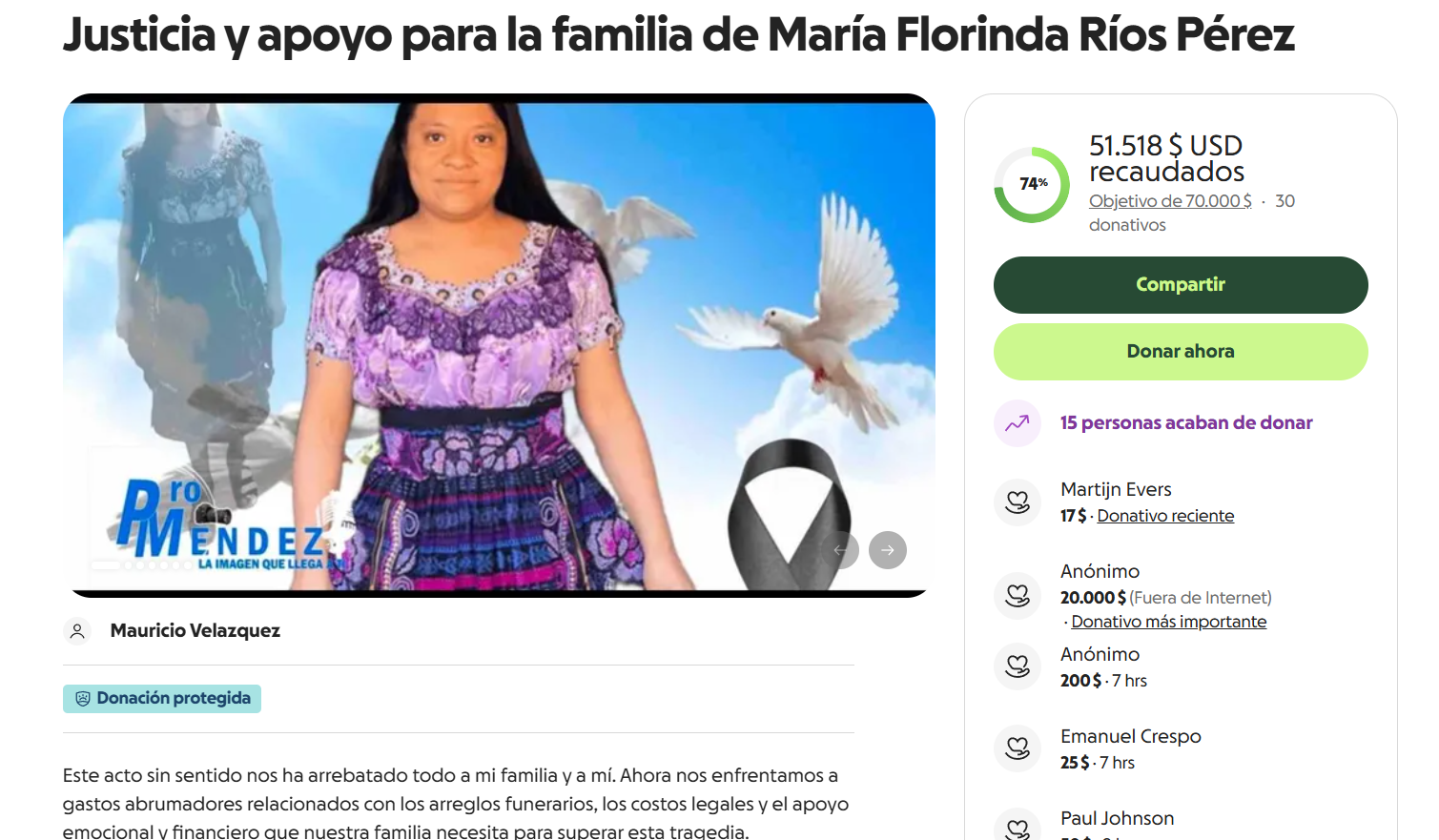 Mauricio Velazquez, esposo de María Florinda Ríos solicita apoyo para gastos funerarios y legales.Foto Capturad de pantalla Go Fund Me