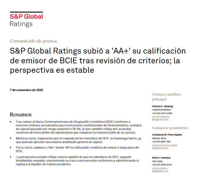 Comunicado S&P sobre BCIE