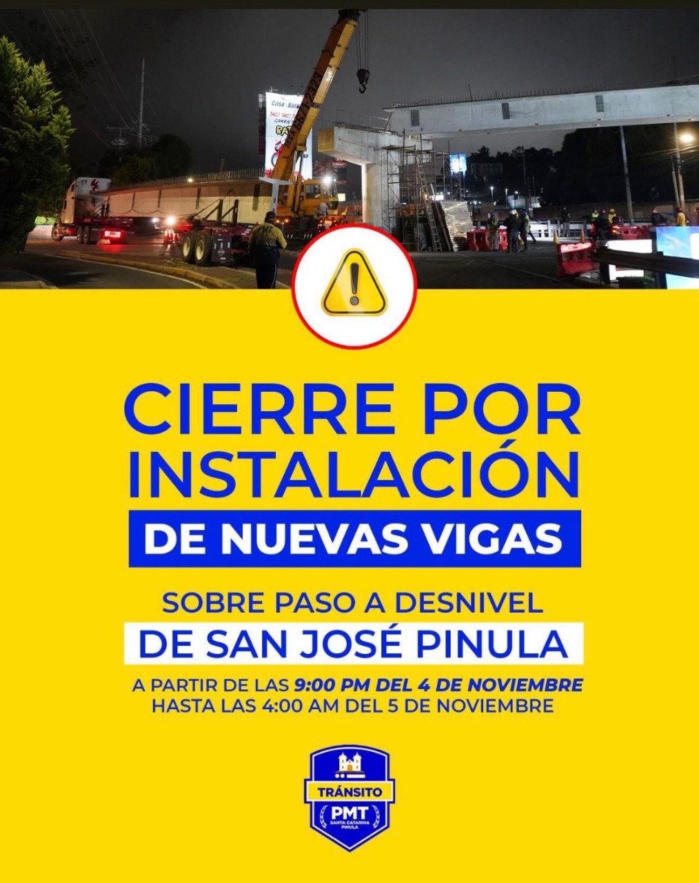 Cierre por instalación de vigas en Santa Catarina Pinula. Foto La Hora: PMT de Santa Catarina Pinula