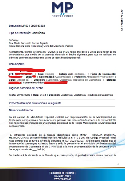 Denuncia interpuesta en el Ministerio Público. Foto La Hora: MuniGuate.