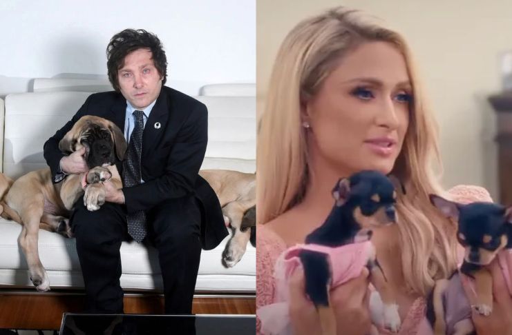 Javier Milei y Paris Hilton con sus mascotas clonadas. Foto La Hora: Redes Sociales