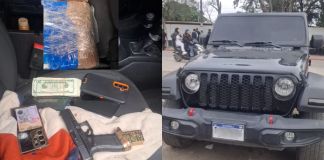 Ilícitos y armas de fuego localizadas en vehículo implicado en incidente armado en Huehuetenango. Foto La Hora: PNC