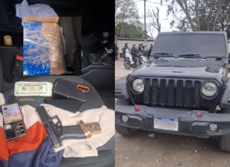 Ilícitos y armas de fuego localizadas en vehículo implicado en incidente armado en Huehuetenango. Foto La Hora: PNC