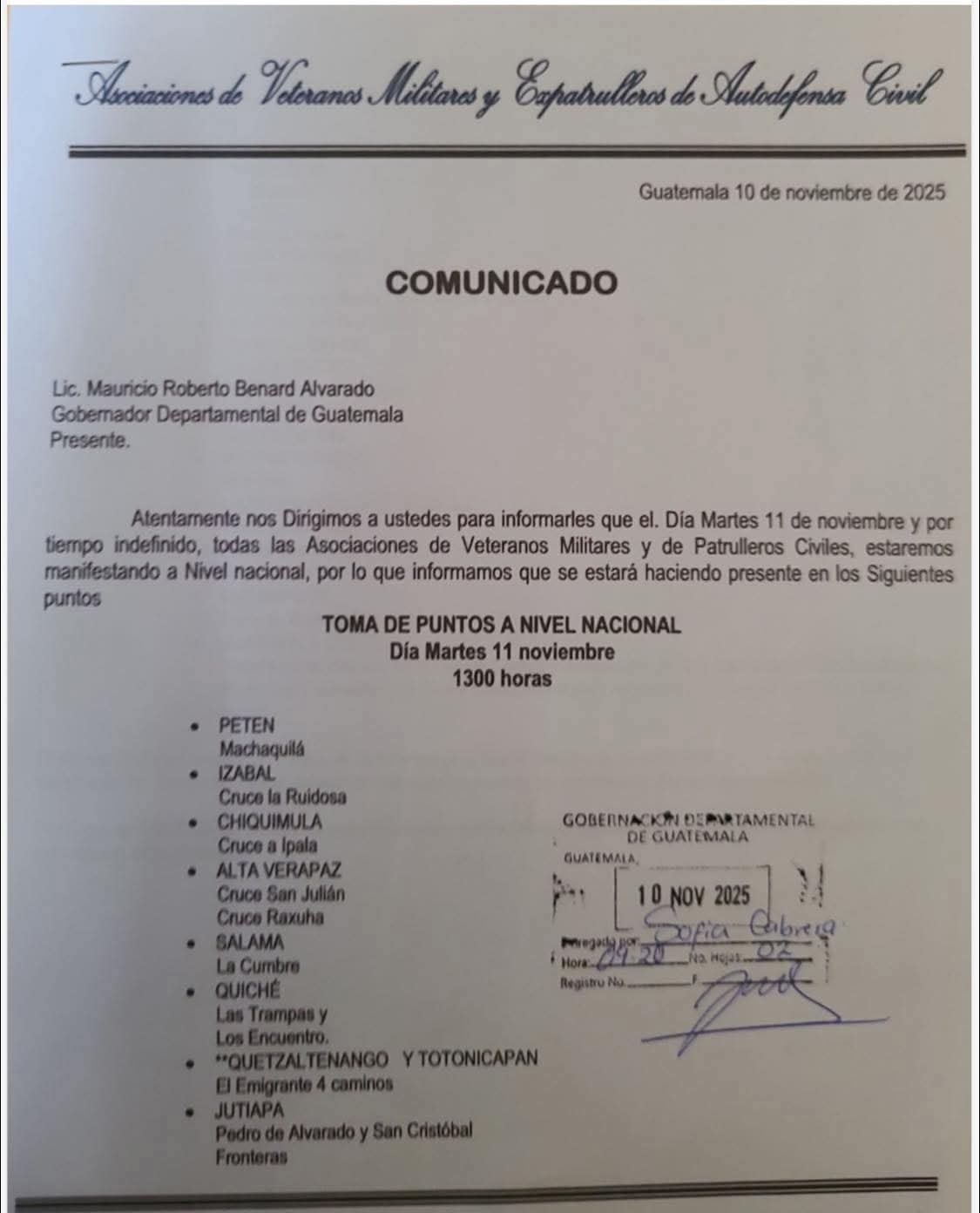 Manifestación de exveteranos martes 11 de noviembre enviada hacia la Gobernación Departamental de Guatemala. Foto La Hora: RRSS