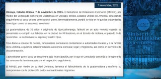 El Minex informó que, por medio del Consulado en Chicago, da seguimiento al caso de la guatemalteca fallecida en Indiana, EE. UU.