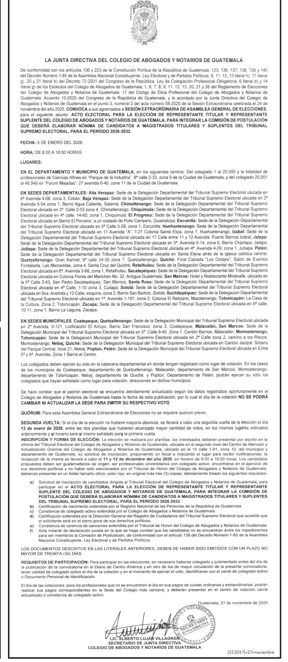 Publicación de convocatoria a elecciones para representante titular y suplente del Colegio de Abogados y Notarios de Gutemala (CANG). Foto La Hora: Diario Oficial