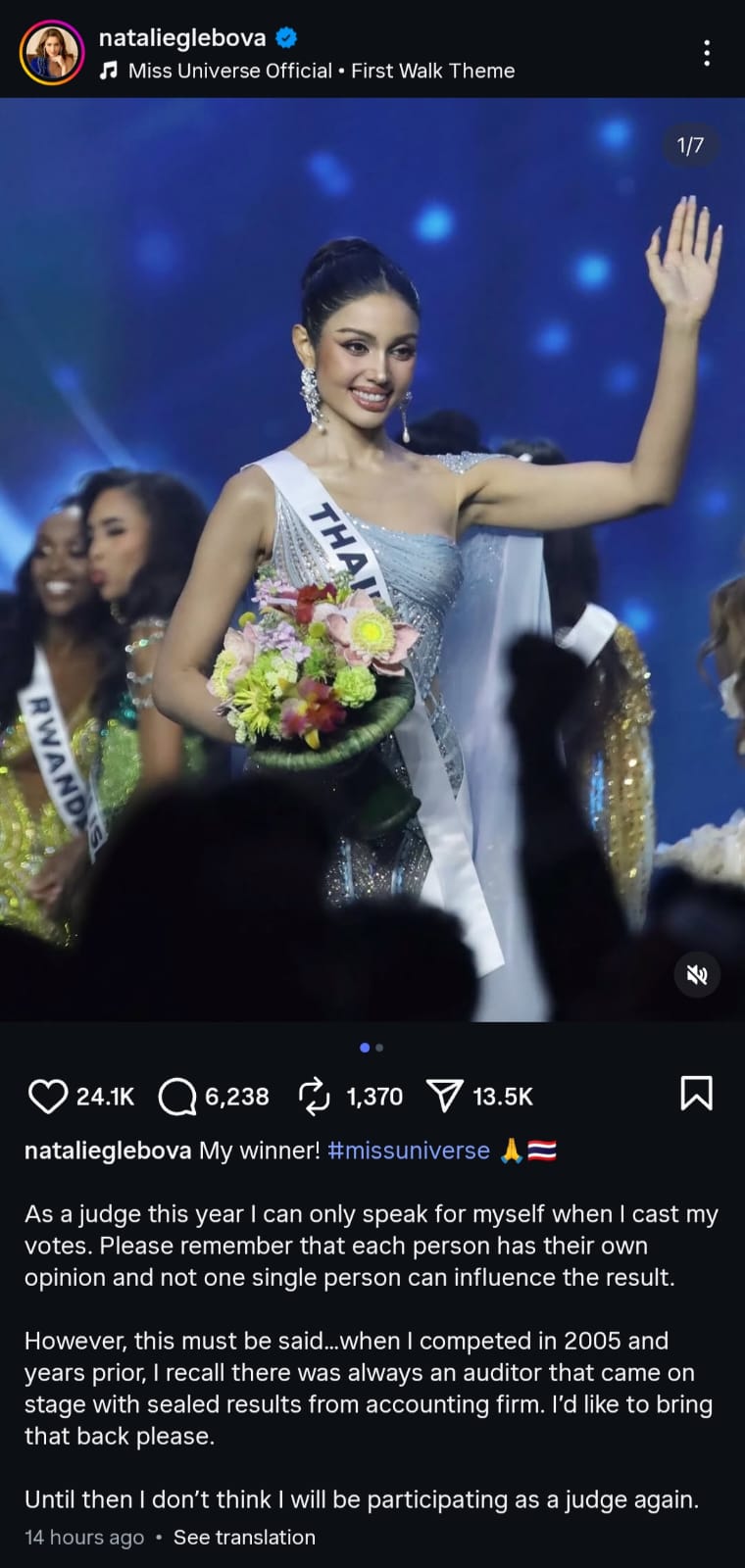 Publicación por parte de Natalie Glebova, Miss Universo 2005 y jueza en la competencia de este año. Foto La Hora: Captura de pantalla.