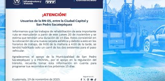 rehabilitación de la RN-05, ruta entre la capital y San Pedro Sacatepéquez.