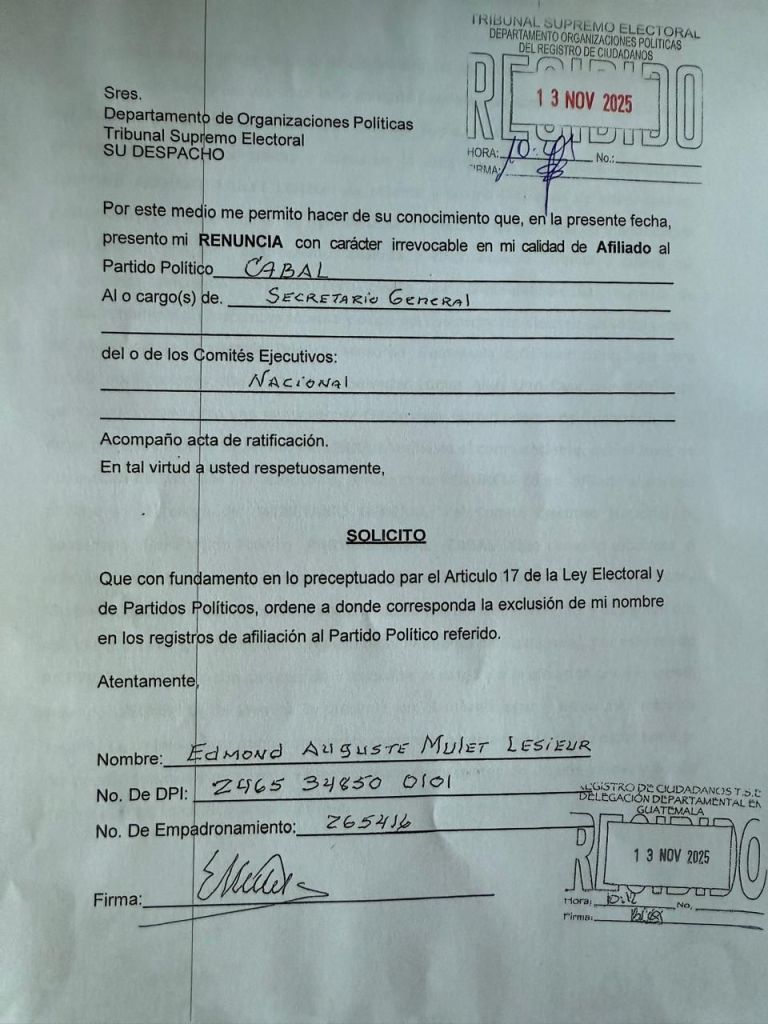 Notificación de Edmond Mulet del TSE. Foto: Cortesía