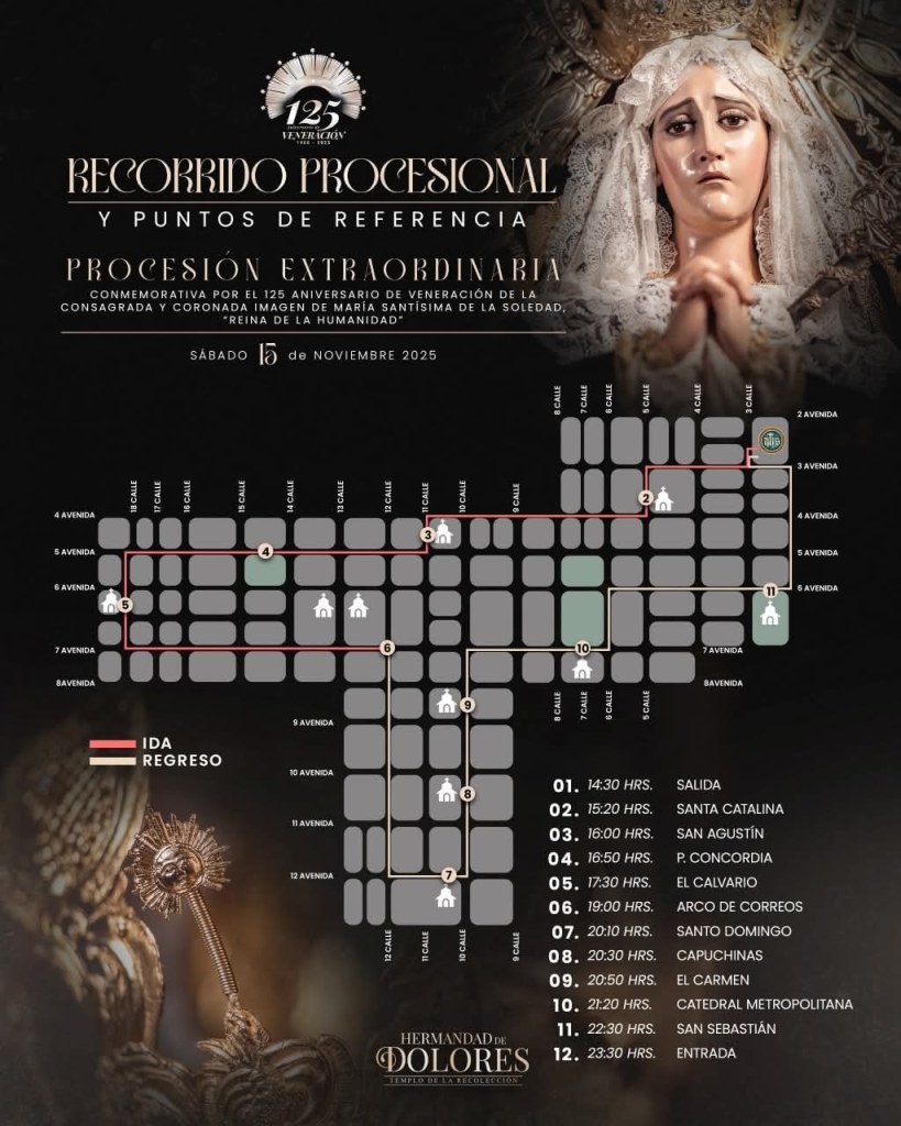 Recorrido del cortejo procesional extraordinario de la imagen de la Santísima Virgen de Soledad del templo de la Recolección. Foto La Hora: Hermandad de Dolores