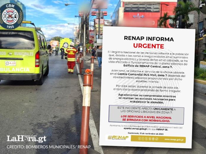 RENAP informa atención irregular por fallas eléctricas tras conato de incendio en su sede central Foto: Renap/ Bomberos Municipales