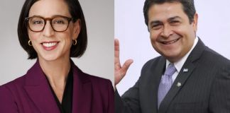 Exfiscal de indultos del Departamento de Justicia de Estados Unidos, Elizabeth Oyer y expresidente hondureño Juan Orlando Hernández. Foto: La Hora.