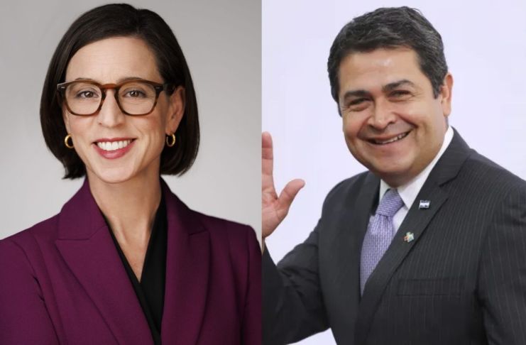 Exfiscal de indultos del Departamento de Justicia de Estados Unidos, Elizabeth Oyer y expresidente hondureño Juan Orlando Hernández. Foto: La Hora.
