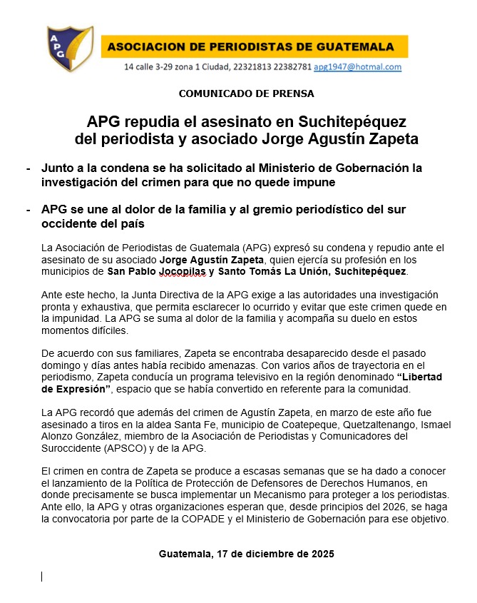 Comunicado de la Asociación de Periodistas de Guatemala (APG). Foto La Hora: APG