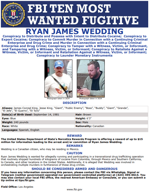 Ryan James Wedding es buscado por presuntamente dirigir y participar en una operación transnacional de narcotráfico. Foto La Hora: captura de pantalla