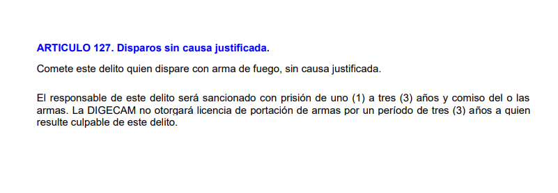 Artículo 127 de la Ley de Armas y Municiones.FOTO: Captura de pantalla DIGECAM