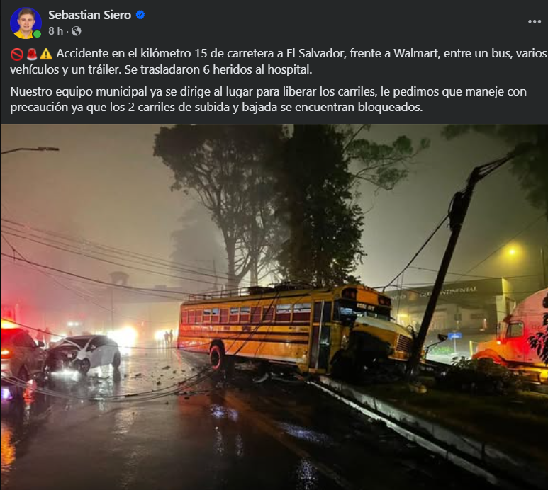 Autobús de transporte colectivo y un tráiler en el km 15.5 carretera a El Salvador.Captura de pantalla: Facebook Sebastian Siero