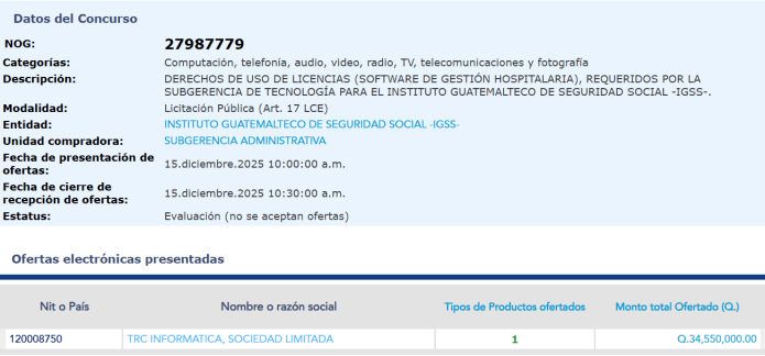Recepción de ofertas para el software del IGSS