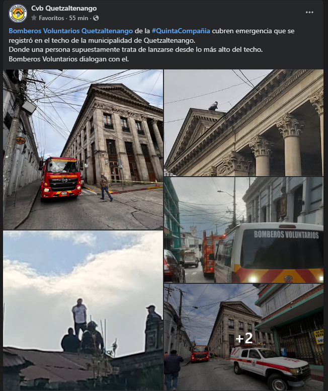 Socorristas dialogan con hombre que subió al techo del edificio de la Municipalidad en Quetzaltenango.Captura de pantalla: CVB Quetzaltenango