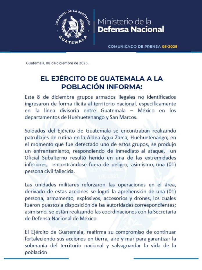 Comunicado del Ejercito de Guatemala por enfrentamiento en frontera. Foto La Hora: Mindef.
