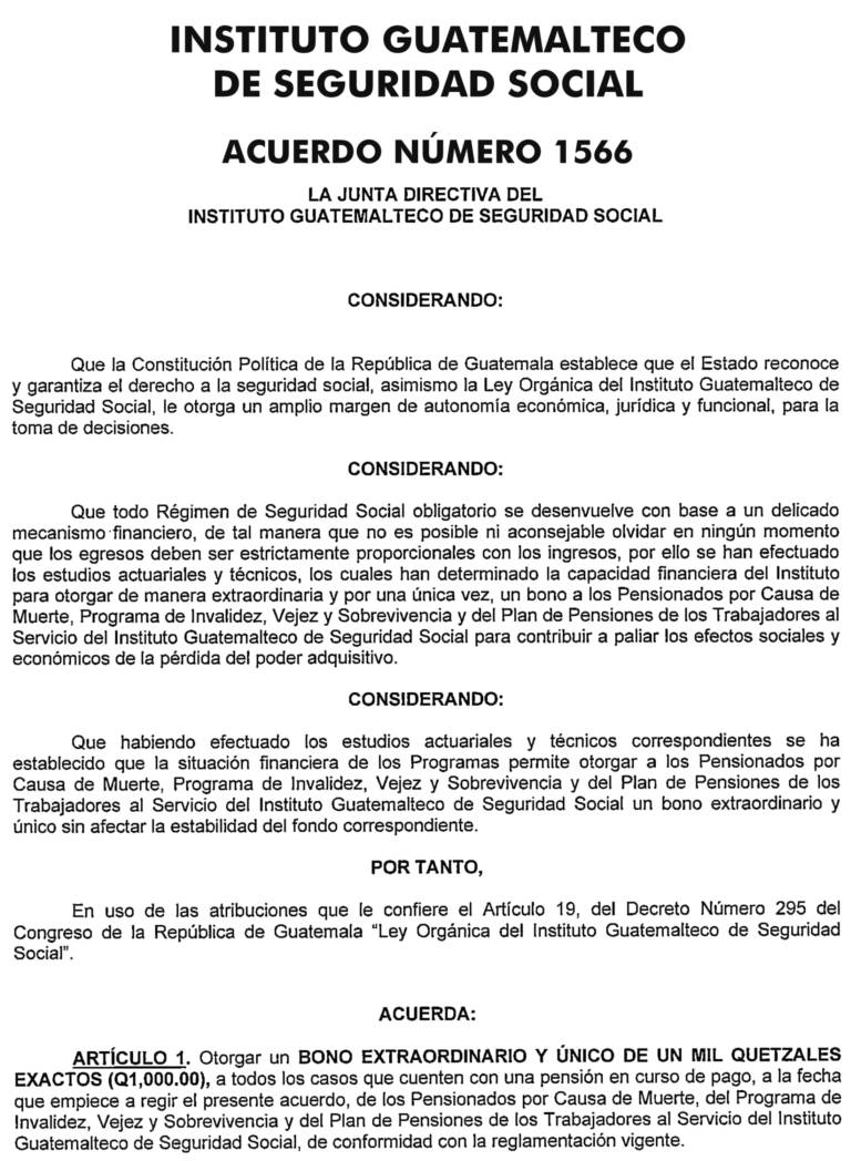 IGSS: Acuerdo del bono extraordinario único de Q1 mil. Foto La Hora: Diario Oficial