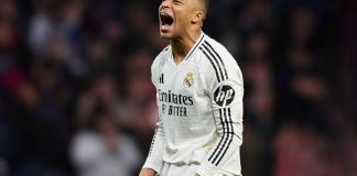 Kylian Mbappé festejando un gol con el Real Madrid. Foto La Hora: X/Mbappé