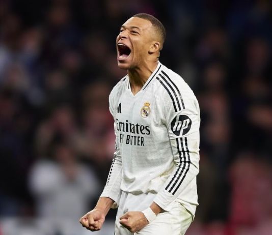 Kylian Mbappé festejando un gol con el Real Madrid. Foto La Hora: X/Mbappé