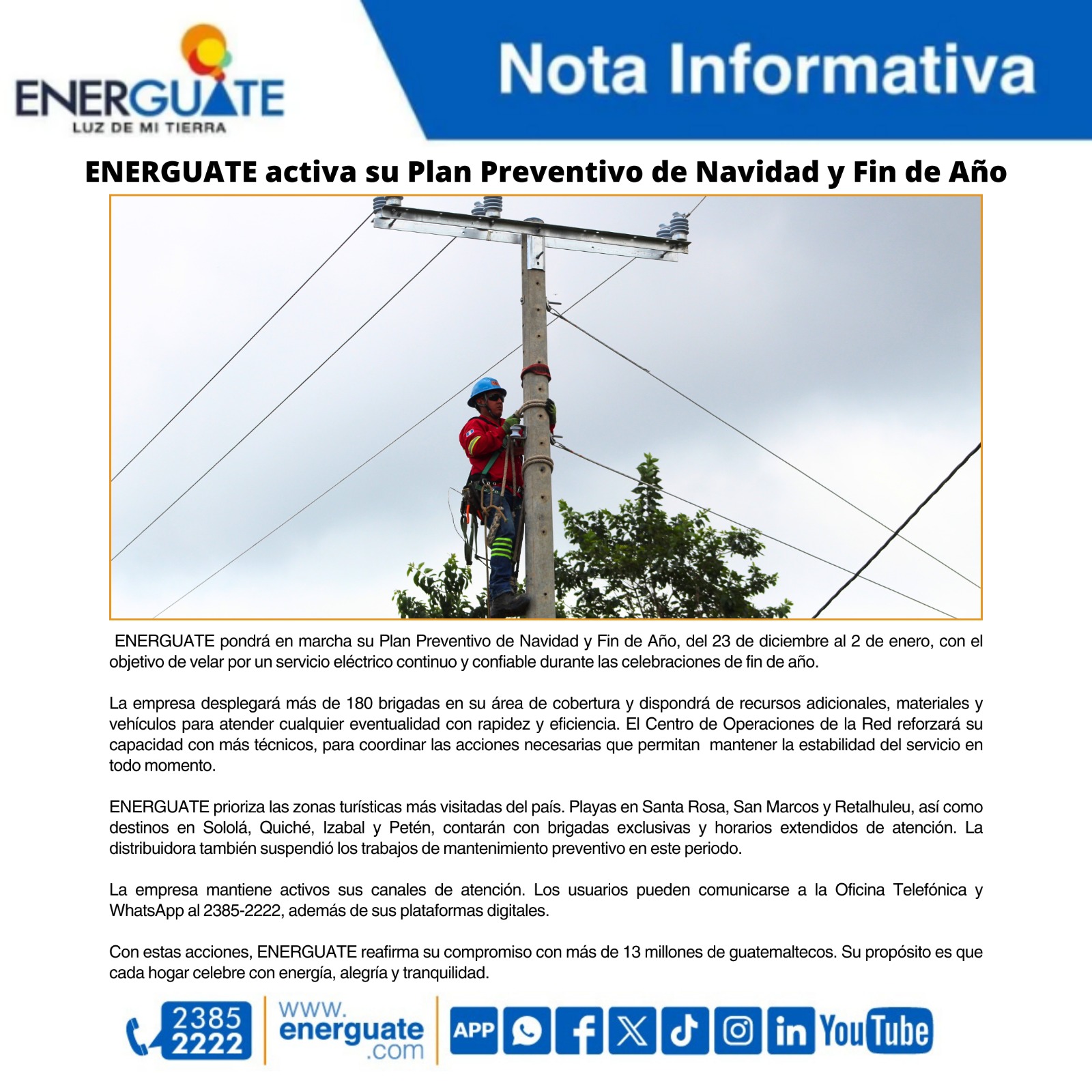 Energuate con el plan de contigencia para Navidad y fin de año. Foto La Hora: Energuate