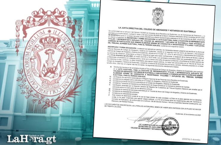 Requisitos del Colegio de Abogados y Notarios para la Postuladora del TSE. Foto La Hora