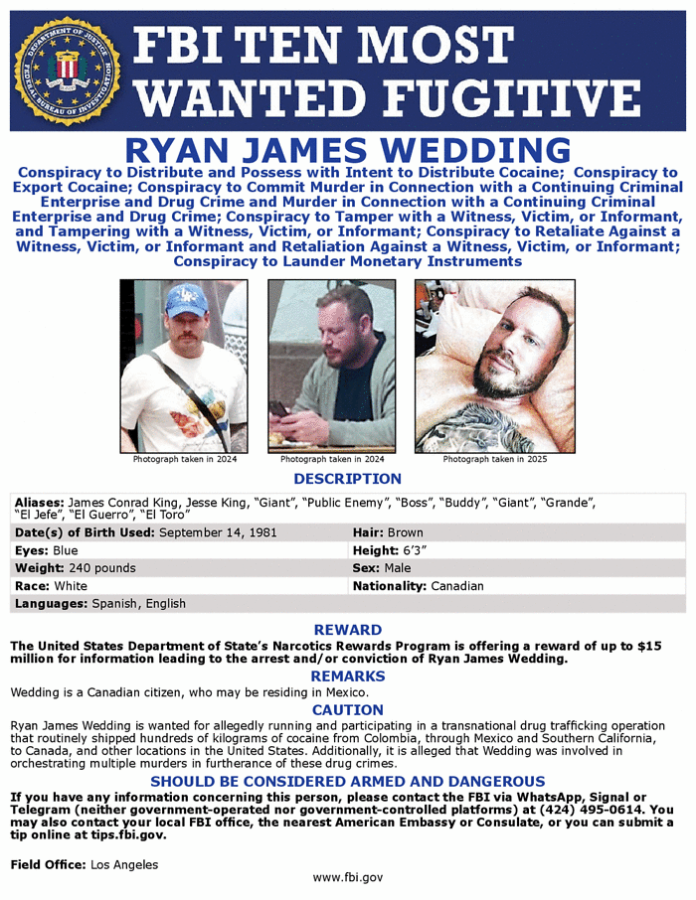 EE. UU. ofrece hasta 15 millones de dólares por información que conduzca al arresto de Ryan James Wedding. Foto L aHora: FBI.
