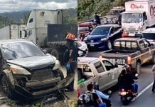 Tránsito complicado en Ruta al Atlántico tras colisión multiple registrada al medio día. Foto La Hora: Asonbomd/ Captura de pantalla
