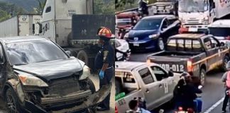 Tránsito complicado en Ruta al Atlántico tras colisión multiple registrada al medio día. Foto La Hora: Asonbomd/ Captura de pantalla