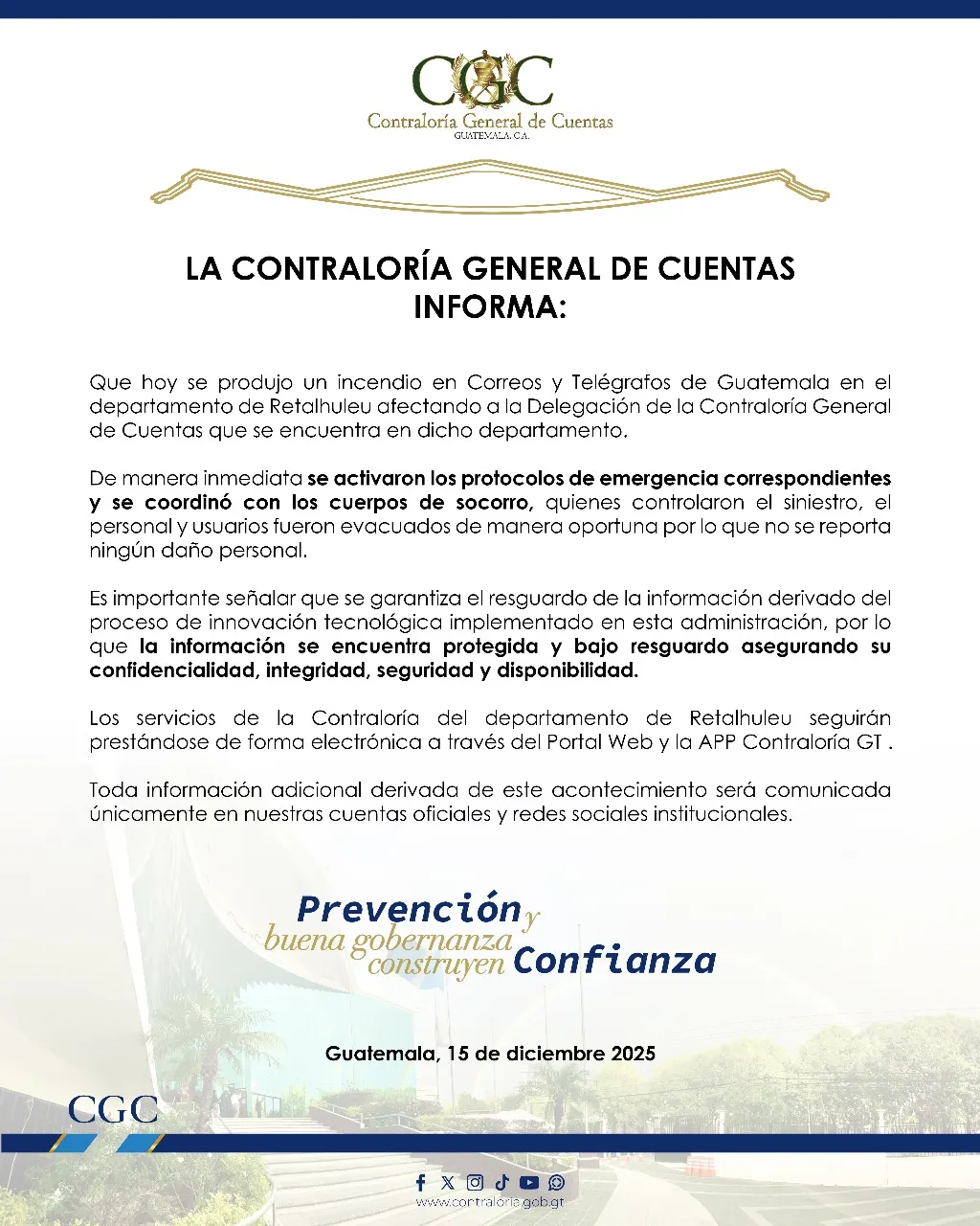 Comunicado de CGC. Foto La Hora: CGC