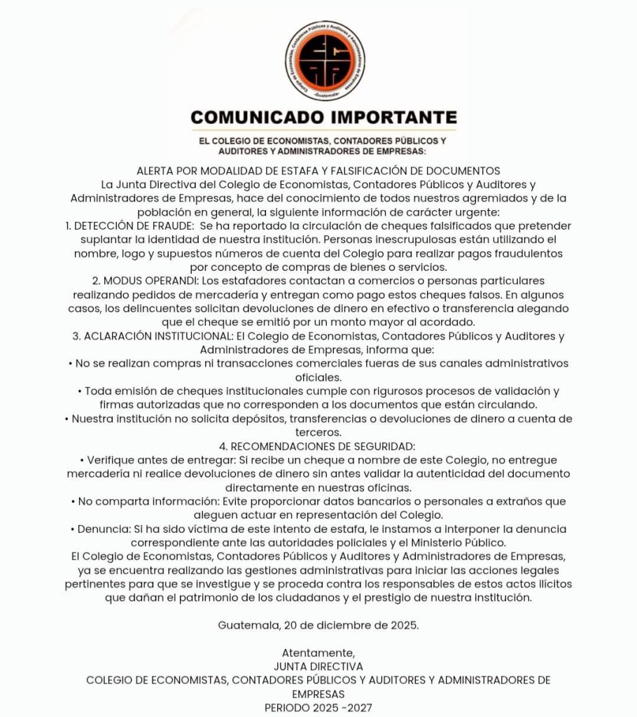 Comunicado del Colegio de Economistas, Contadors Públicos y Auditores y Administradores de Guatemala. Foto La Hora: CECAA