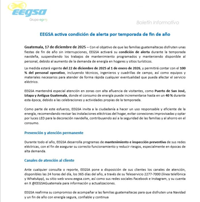 EEGSA refuerza atención y operación durante las fiestas de fin de año. Foto La Hora: EEGSA.