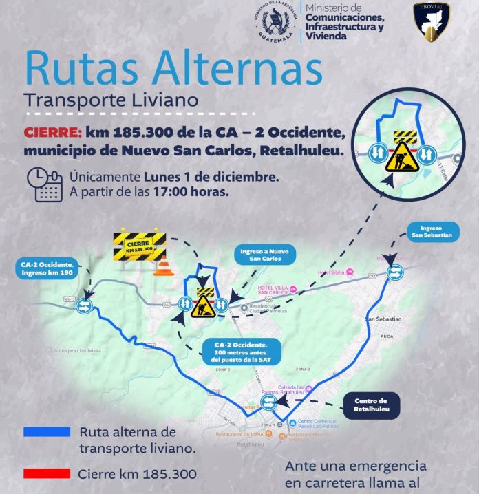 Mapa rutas alternas_CIV Provial ha informado de dos rutas alternas para vehículos livianos en el kilómetro 185.3 de la ruta CA-2 Occidente. Foto La Hora. CIV