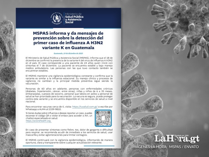 El Ministerio de Salud Pública y Asistencia Social (MSPAS) confirmó la detección del primer caso de influenza A H3N2 variante K en Guatemala.
