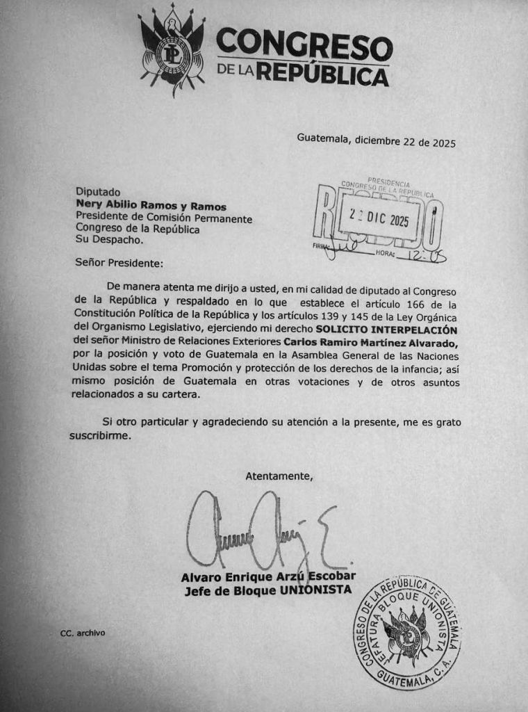 Petición del diputado Álvaro Arzú Escobar de interpelación. Foto: Cortesía