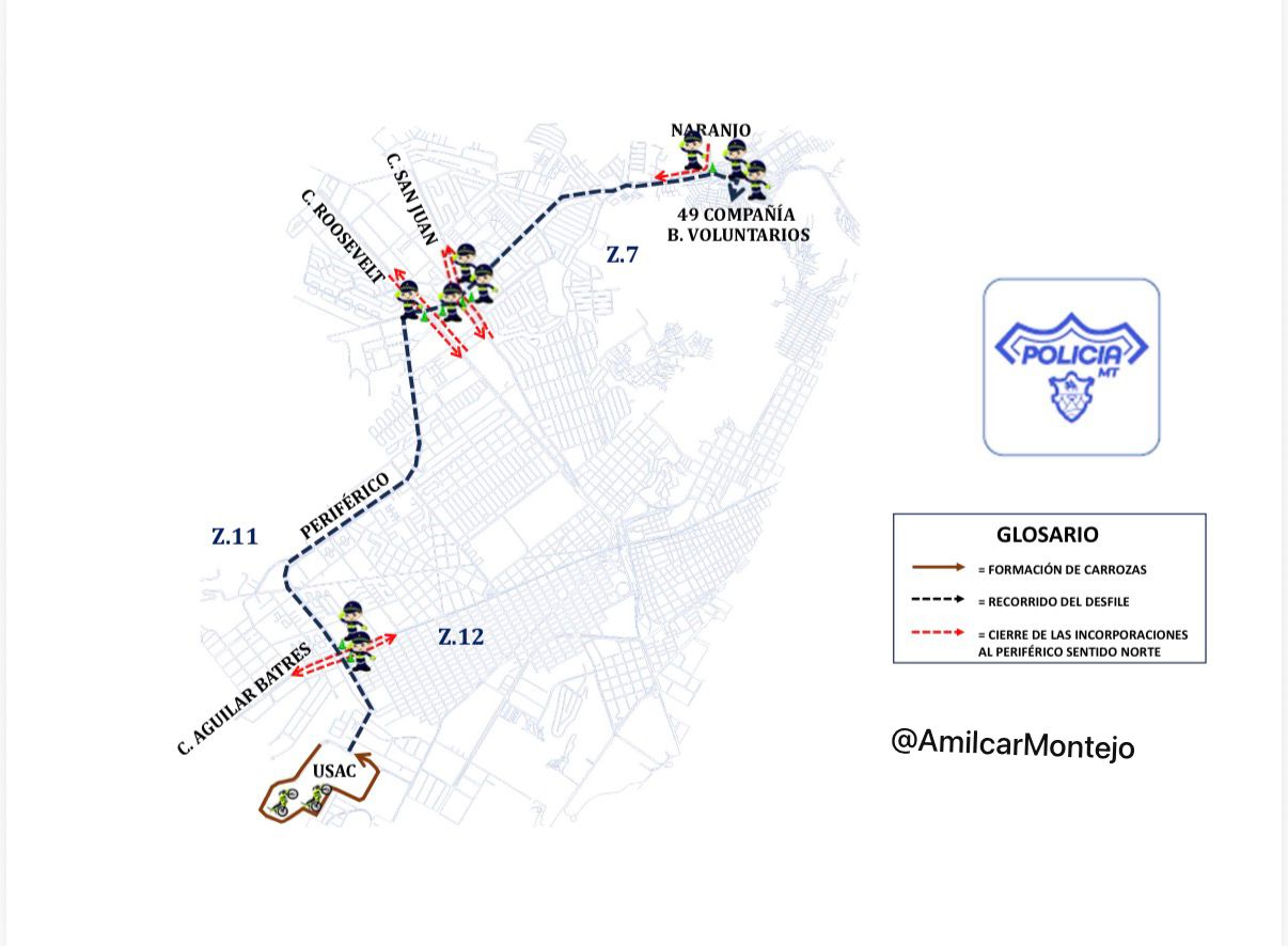 Mapa con la ruta del desfile de los Bomberos Voluntarios.