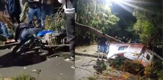 Por el desplome del árbol en el sector, se informó de una ambulancia con daños y de un motorista afectado. Foto La Hora: FB Que Hubo Fraijanes