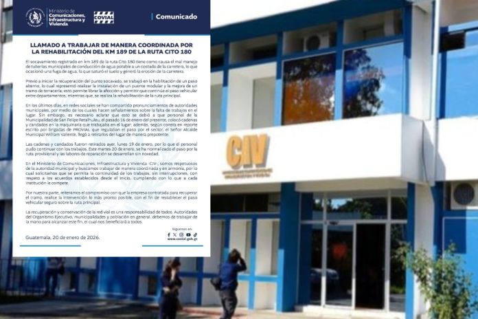 El CIV informó que ya han retomado labores en el kilómetro 189 de la ruta Cito-180 luego de los inconvenientes con la municipalidad de San Felipe, Retalhuleu. Foto La Hora: CIV