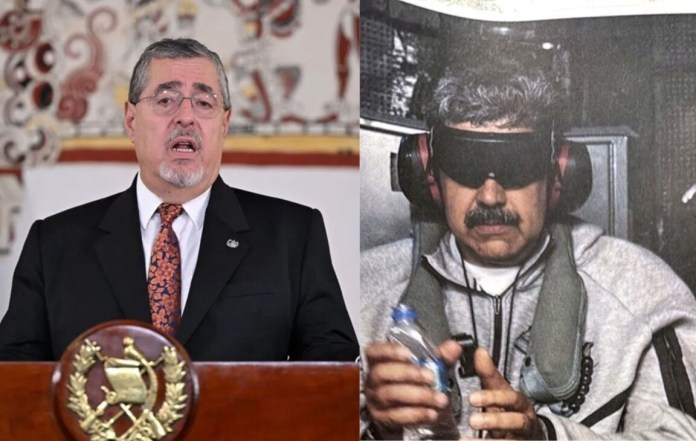 El presidente Bernardo Arévalo y el presidente de Venezuela, Nicolás Maduro, siendo trasladado a Nueva York tras su captura. Foto La Hora: Presidencia y EFE.