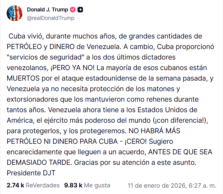 Mensaje publicado por el presidente Donald Trump esta mañana. Foto La Hora: Truth Social