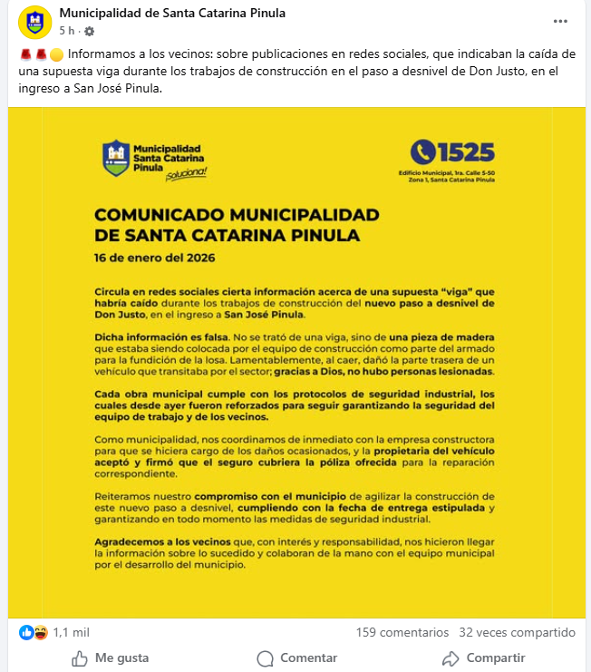 Municipalidad de Santa Catarina Pinula se pronuncia por la supuesta caída de una viga.